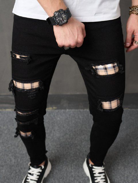 Ripped Plaid Patchwork Jeans Zip Fly Long Straight Denim Pants