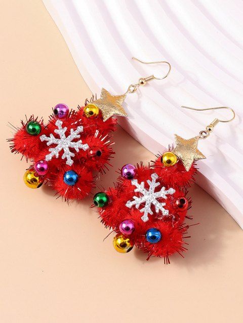 Boucles D'Oreilles Pendantes Crochets Motif Sapin de Noël Perles et Etoiles