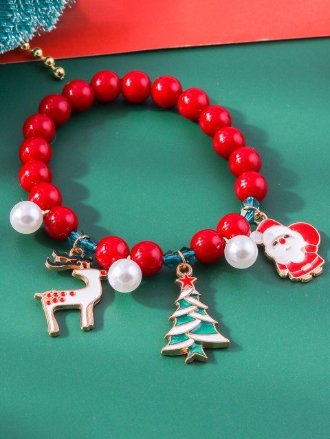 Cute Sante Claus Elk Christmas Tree Faux Pearl Xmas Beading Bracelet
