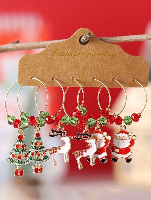 3Pairs Christmas Tree Elk Santa Claus Beaded Hoop Earrings