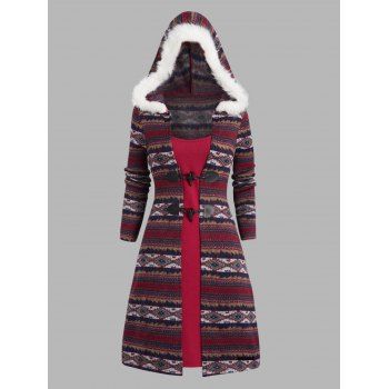 

Tribal Geometric Graphic Flocking Liner Knit Faux Twinset Hooded Dress Horn Button Colorblock Knitted Twofer Dress, Deep red