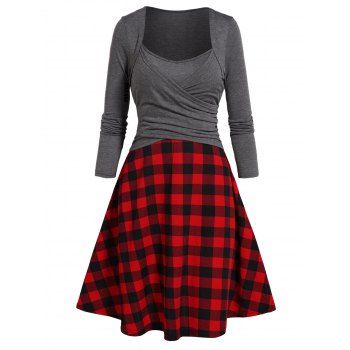 

Plaid Print Panel Mini Combo Dress Crossover Front Long Sleeve A Line Dress, Gray