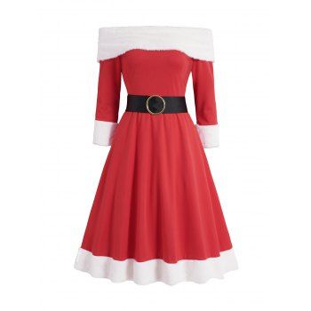 

Christmas Off The Shoulder Belted Mini Dress Contrast Faux Fur A Line Dress, Red