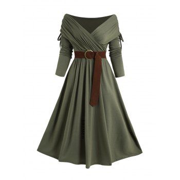 Plus Size Cinched Surplice Plunge Belted High Waist Midi Dress And Rivet Zip Up Boots Life Tree Drop Earrings Outfit 