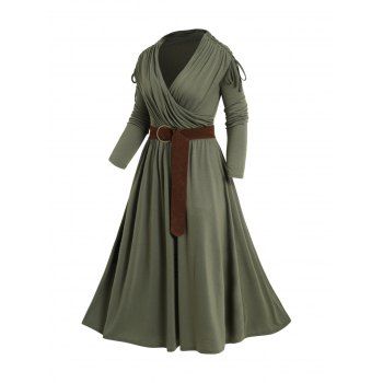 Plus Size Cinched Surplice Plunge Belted High Waist Midi Dress And Rivet Zip Up Boots Life Tree Drop Earrings Outfit 