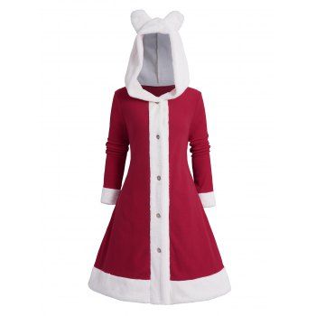 

Christmas Faux Fur Colorblock Fleece Ear Hooded Coat Lace Up Back Long Button Up Coat, Red