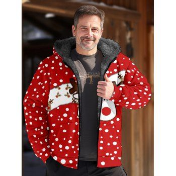 

Men's Fluffy Lining Hooded Coat Christmas Cute Elk Snow Print Zip Up Warm Coat, Red