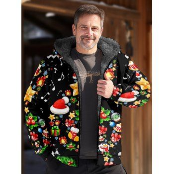 

Fluffy Liner Hooded Coat Christmas Elements Allover Print Zip Up Warm Coat, Multicolor