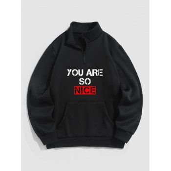 

Slogan Print Fleece Liner Sweatshirt A Quarter Zipper Kangaroo Pocket Casual Sweatshirt, Black