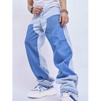 

Two Tone Patchwork Wide Leg Jeans Long Zip Fly Loose Denim Pants, Blue