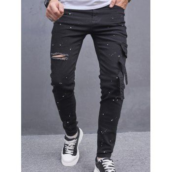 

Splatter Dots Ripped Jeans Pocket Patch Zip Fly Long Casual Denim Pants, Black