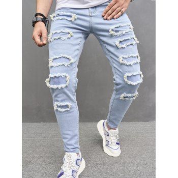 

Frayed Patches Light Wash Pencil Jeans Zip Fly Long Casual Denim Pants, Light blue