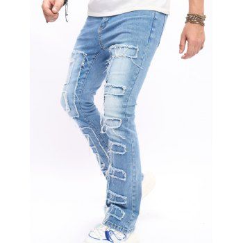 

Frayed Patchwork Jeans Long Zip Fly Denim Pants, Sky blue