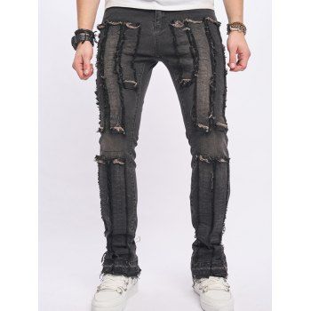 

Frayed Patchwork Jeans Long Zip Fly Casual Denim Pants, Black
