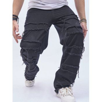 

Frayed Patchwork Loose Jeans Zip Fly Long Solid Color Relaxed Denim Pants, Black