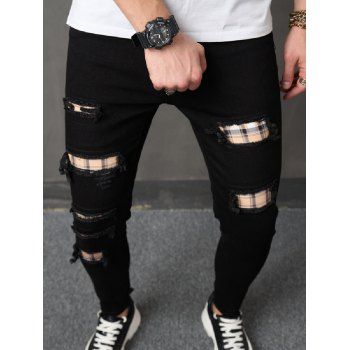 

Ripped Plaid Patchwork Jeans Zip Fly Long Straight Denim Pants, Black