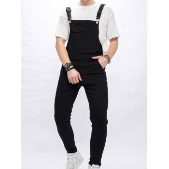 

Adjustable Strap Denim Overalls Mock Button Solid Color Jean Overalls, Black