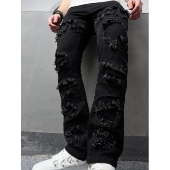 

Frayed Patchwork Jeans Long Zip Fly Straight Denim Pants, Black