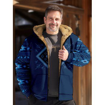 

Men' Fluffy Liner Hooded Coat Geometric Snowflake Print Zip Up Warm Coat, Multicolor
