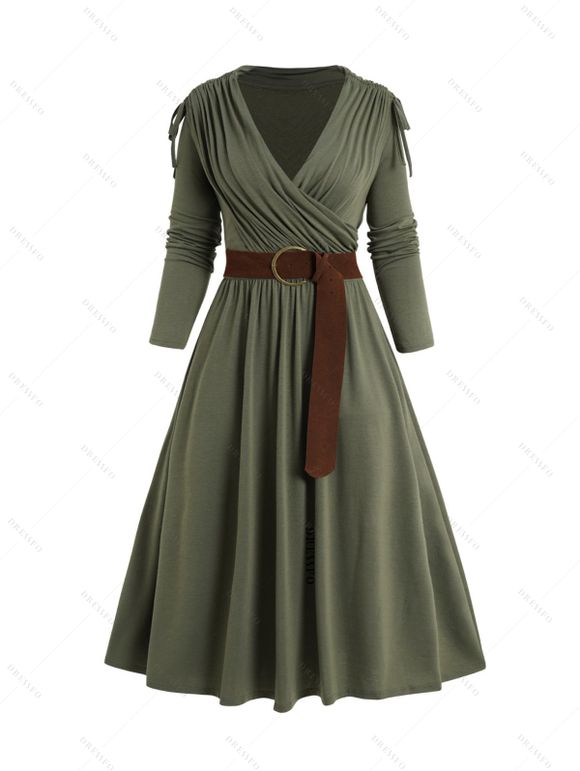 Robe Mi-Longue Plongeante Ceinturée Arbre de Vie de Grande Taille avec Rivet - Vert profond L | US 8