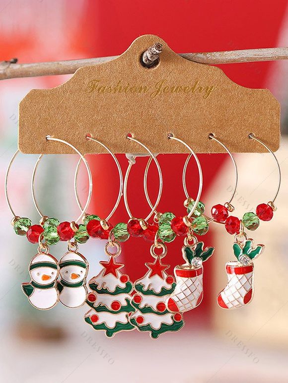 Ensemble de Boucles D'Oreilles Bonhomme de Neige Sapin de Noël Perlées 3 Paires - multicolor 