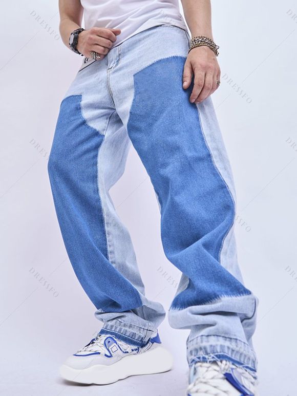 Pantalon Lâche Long Zippé Bicolore Jointif à Jambe Large en Denim - Bleu 32