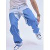 Pantalon Lâche Long Zippé Bicolore Jointif à Jambe Large en Denim - Bleu 36