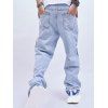 Pantalon Lâche Long Zippé Bicolore Jointif à Jambe Large en Denim - Bleu 38