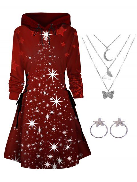 Christmas Star 3D Print Lace Up Mini Hoodie Dress And Butterfly Moon Layer Chain Necklace Star Stud Earrings Outfit