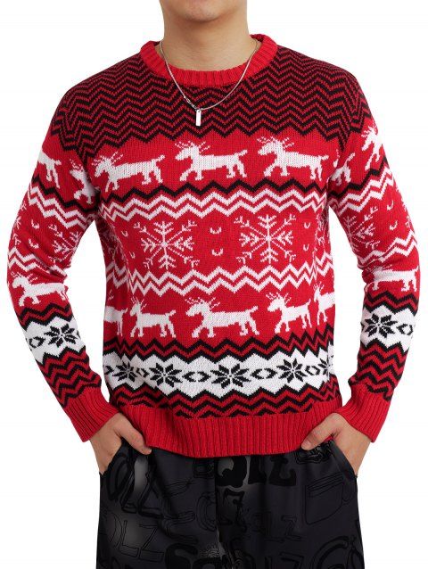 MEN Christmas Elk Snowflake Chevron Graphic Ugly Sweater Crew Neck Ribbed Hem Pullover Sweater