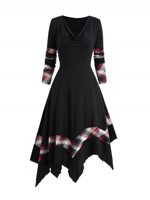 Plaid Panel Asymmetric Midi Dress Cowl Neck Long Sleeve Handkerchief Dress