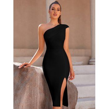 

Skew Collar Slit Party Bodycon Dress Solid Color Zipper Back Midi Dress, Black