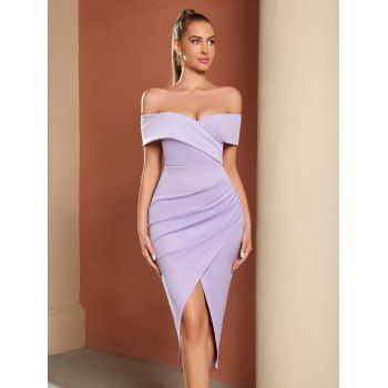 

Off The Shoulder Tulip Hem Party Bodycon Dress Ruched Solid Color Surplice Midi Dress, Light purple