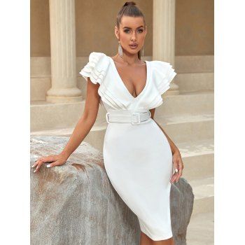 

Pure Color Layer Flounce Belted Party Dress Plunging Neck Slit Back Bodycon Dress, White