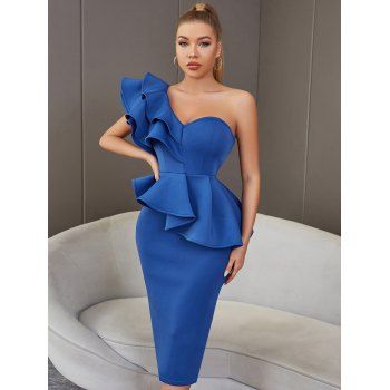 

Ruffle Trim Asymmetric One Shoulder Bodycon Dress Solid Color Slit Back Party Dress, Blue