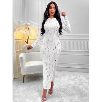 

Hollow Out Textured High Slit Hooded Bodycon Dress Pure Color Long Sleeve Maxi Dress, White