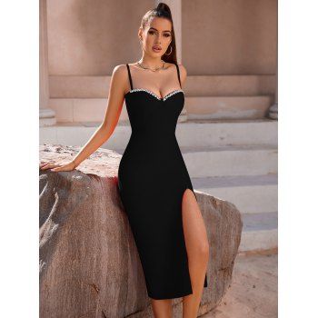 

Rhinestone Leaf Detail High Slit Bodycon Dress Spaghetti Strap Party Cami Dress, Black