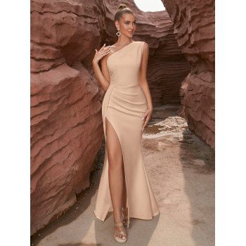 

Asymmetric Skew Collar High Slit Party Dress Solid Color Maxi Bodycon Dress, Apricot