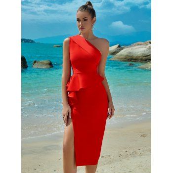 

Skew Collar Ruffle Trim High Slit Bodycon Dress Solid Color Zipper Back Midi Party Dress, Red