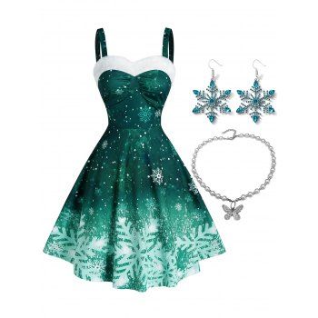 

Christmas Snowflake Ombre Print Faux Fur Panel Dress And Butterfly Artificial Pearl Necklace Snowflake Drop Earrings Outfit, Deep green