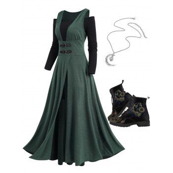 

Cold Shoulder Colorblock Long Sleeve Midi Dress And Celestial Sun Moon Lace Up Boots Chain Necklace Outfit, Deep green