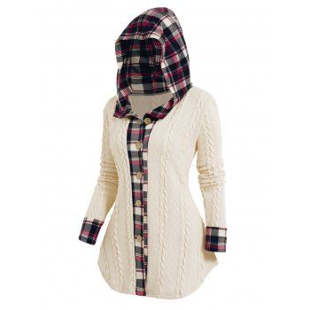 

Plaid Panel Twist Textured Button Up Hooded Knit Top Long Sleeve Knitted Cardigan, Light coffee