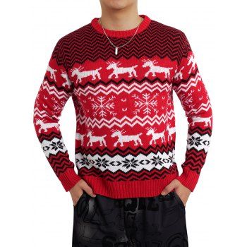 

MEN Christmas Elk Snowflake Chevron Graphic Ugly Sweater Crew Neck Ribbed Hem Pullover Sweater, Red