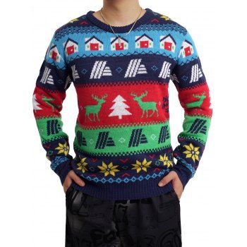 

MEN Colorful Christmas Tree Snowflake Geometric Graphic Ugly Sweater Crew Neck Ribbed Hem Pullover Sweater, Multicolor b