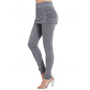 

Ruched Skirted Pants Mock Button Panel Skinny Casual Pencil Pants, Gray