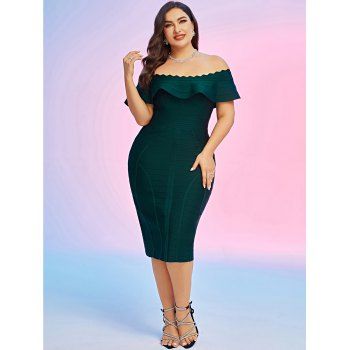 

Plus Size Off The Shoulder Bodycon Dress Bandage Design Flounce Back Slit Party Dress, Deep green