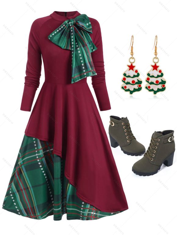 Robe Linge A Contrasté à Carreaux Manches Longues à Lacets - Rouge foncé M | US 6