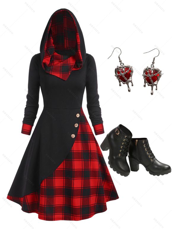 Robe à Capuche Mi-Longue Zippée Superposée à Carreaux à Talon Epais - Rouge M | US 6