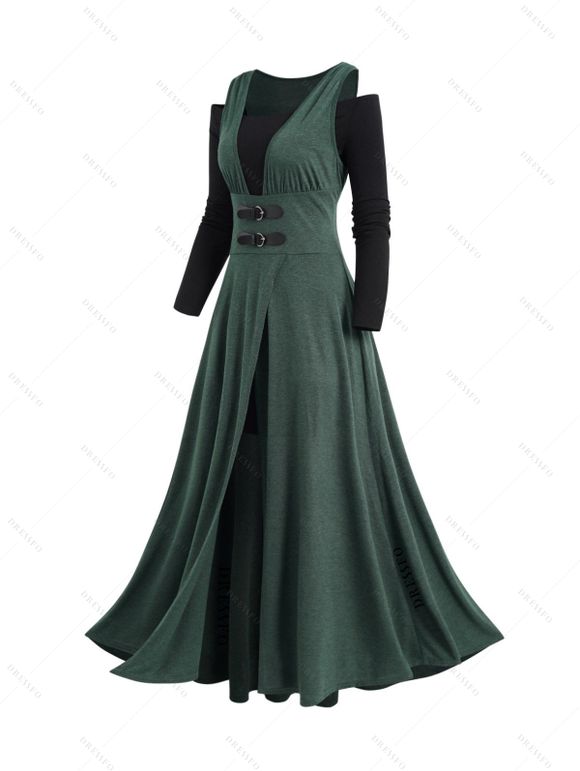 Robe Mi-longue à Soleil et Lune en Blocs de Couleurs à Epaule Dénudée à Manches Longues à Lacets - Vert profond M | US 6