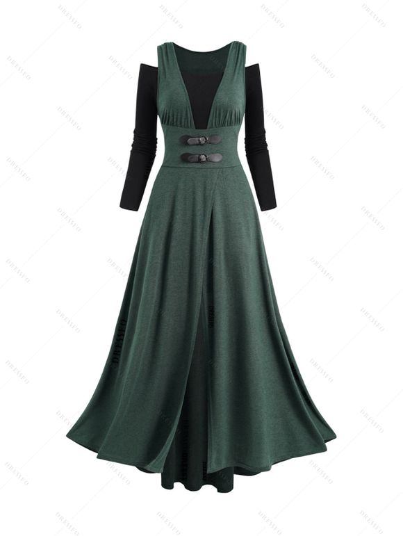 Robe Mi-longue à Soleil et Lune en Blocs de Couleurs à Epaule Dénudée à Manches Longues à Lacets - Vert profond M | US 6